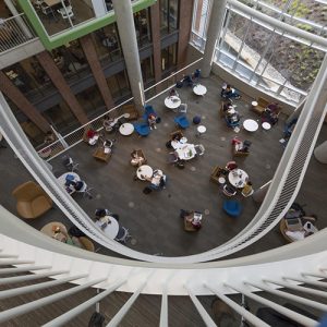 birds eye view of Brody Learning Commons atrium