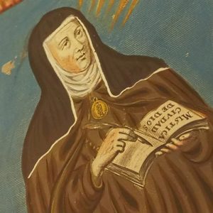 illustration detail of renaissance nun holding a book
