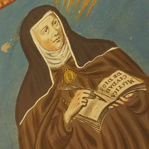 illustration detail of renaissance nun holding a book