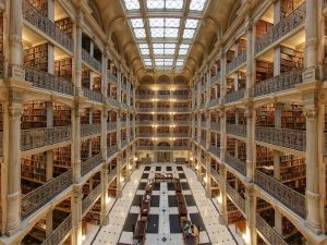 Interior view of George Peabody Library reading room, photo by Matthew Petroff