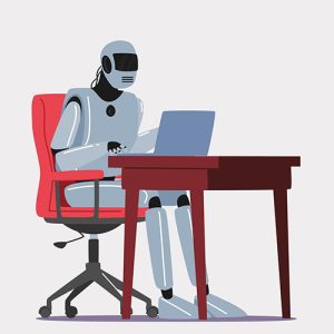 illustration of robot at a desk with laptop