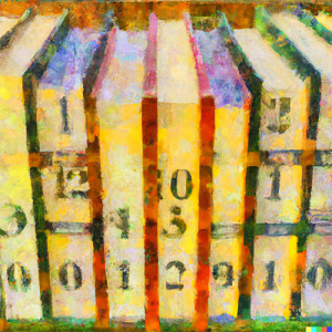 a monet painting of library books with numbers