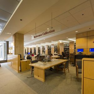 View of reference collection on main level of the MSE Library