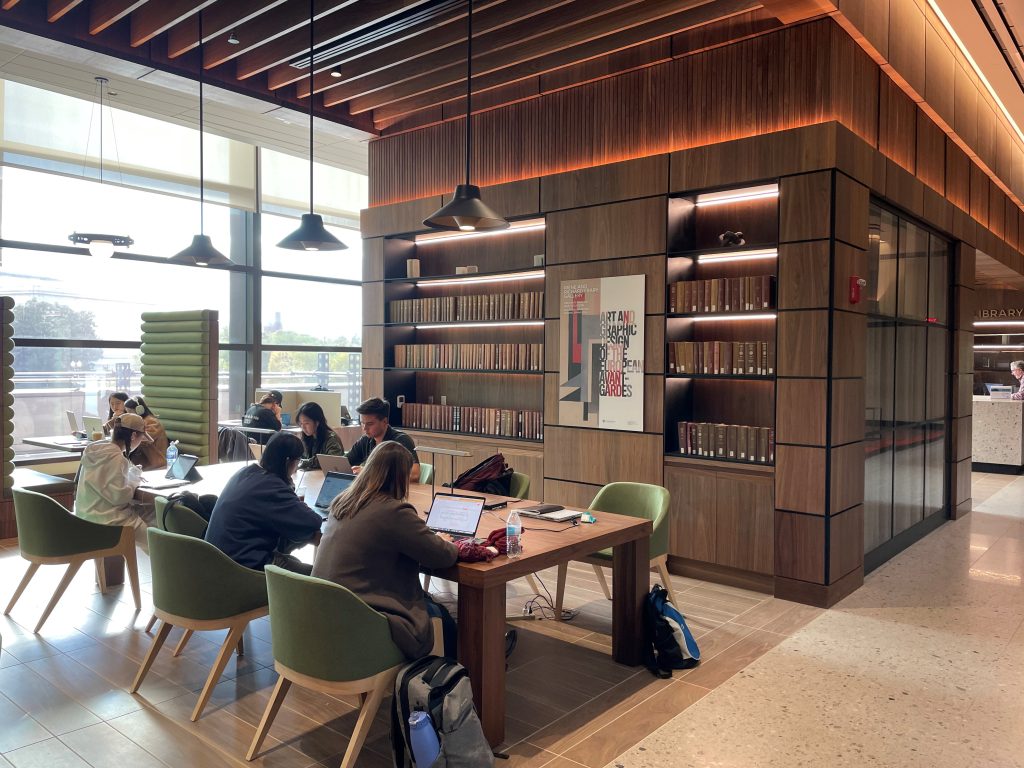 interior view of library showing students working at a table