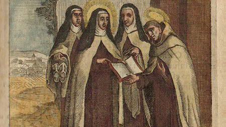 vintage illustration of four religious figures looking at a book