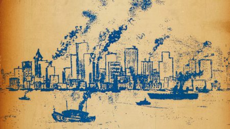drawing of boats in city harbor on yellowed paper
