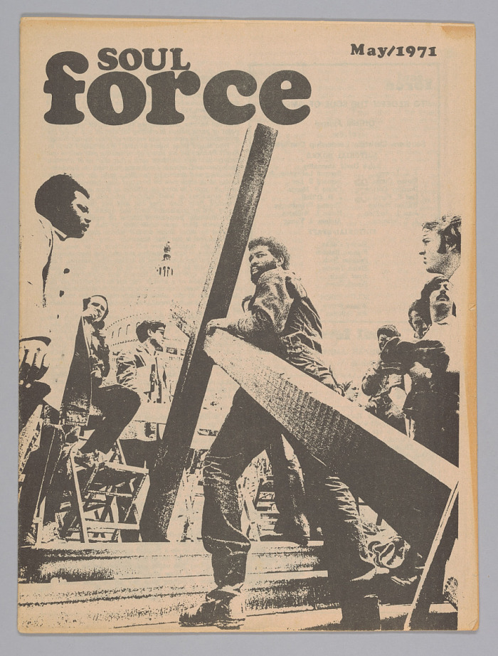 The front cover features an image of a man with his hand on a wooden cross that is leaning sideways on the stairs of the United States Capitol building, which can be partially seen in the background. The man is standing with his back to the camera, and looking over his proper left shoulder towards the camera. There are seven (7) men and one (1) woman standing to the left and right of the man with his hand on the cross. The top third of the front cover has the masthead on the left that reads, [SOUL / force] and the date on the right that reads, [May / 1971].
