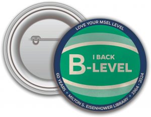 mockup of a button that says I back B-Level