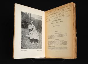 open book with photo on left and typed text on right