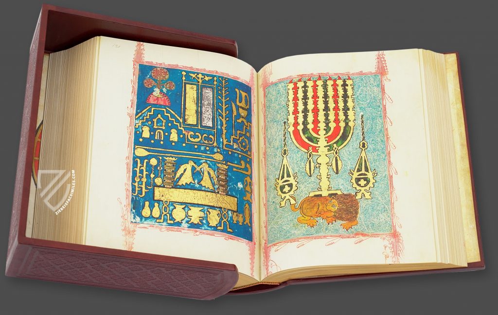 large illuminated manuscript open to a page spread