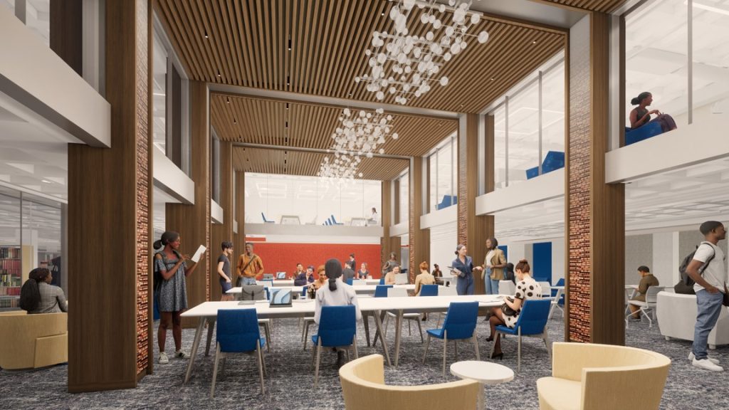 architectural rendering of people sitting at tables in a reading room