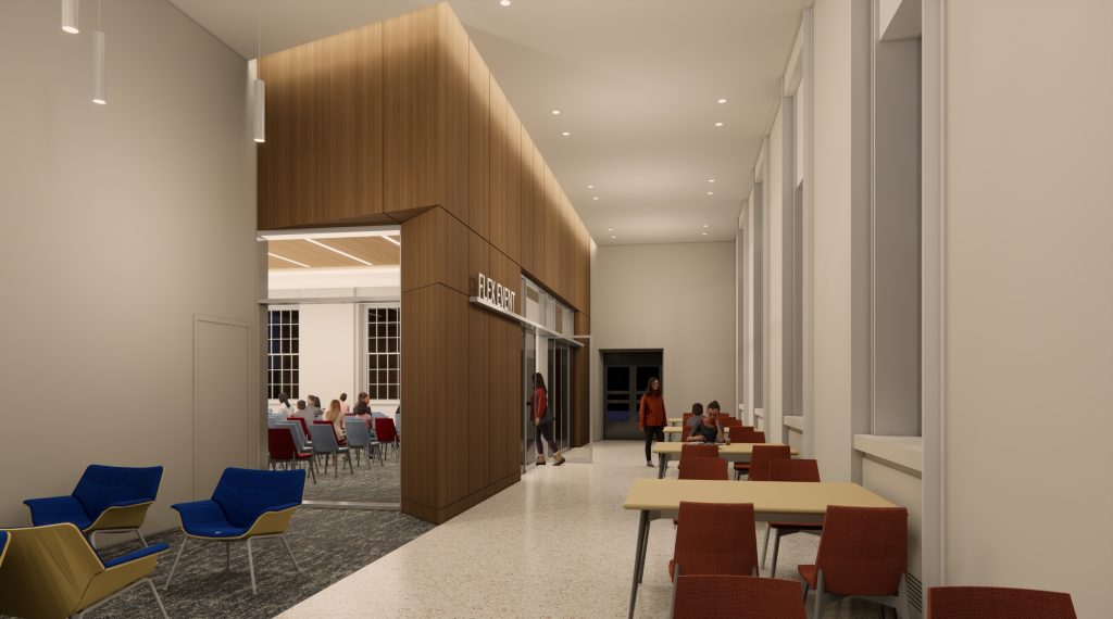 architectural rendering of a hallway with tables and chairs