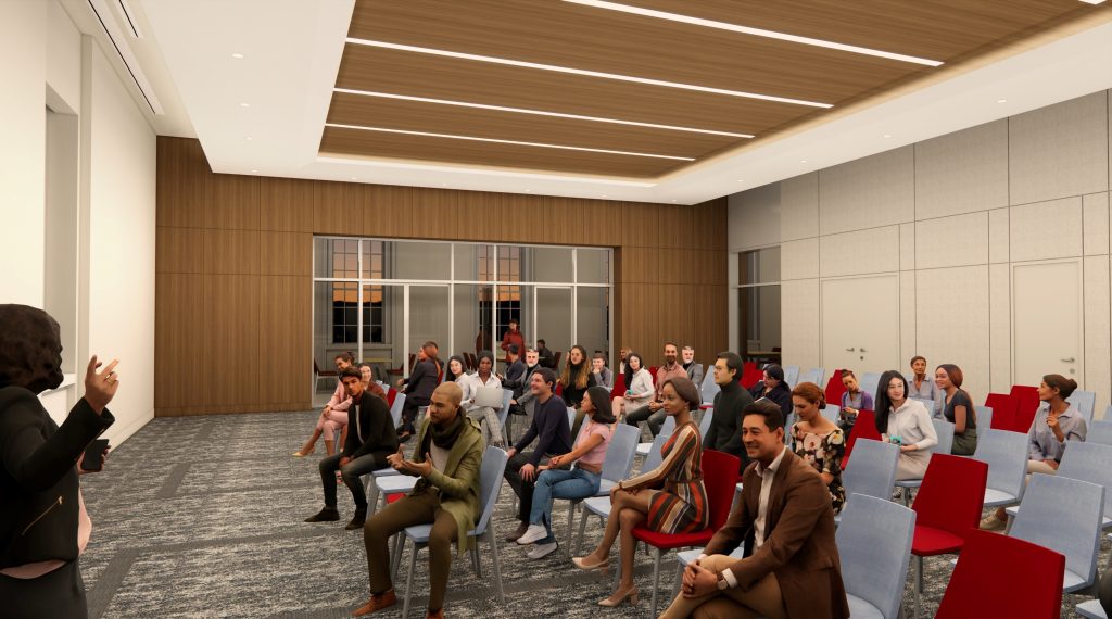 architectural rendering of people sitting in rows of chairs in a conference room