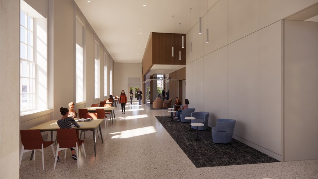 architectural rendering of a hallway with tables and chairs